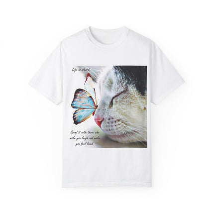 Inspirational Cat & Butterfly T-Shirt | Life is Short Quote