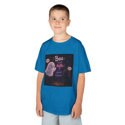 Kids Halloween Tee — "Boo: Hello Ghost Language" Cute Ghost Shirt