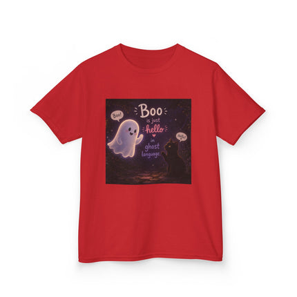 Kids Halloween Tee — "Boo: Hello Ghost Language" Cute Ghost Shirt