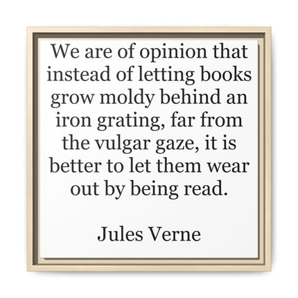 Minimalist framed canvas print featuring a centered, text‑only Jules Verne quote for book lovers