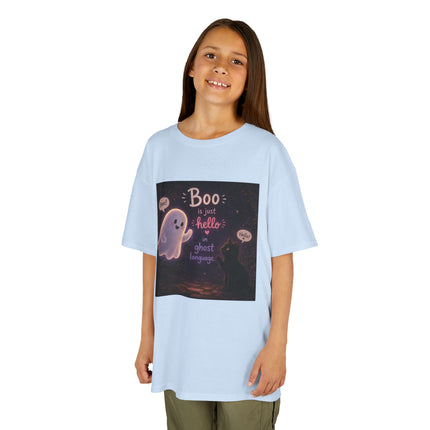 Kids Halloween Tee — "Boo: Hello Ghost Language" Cute Ghost Shirt