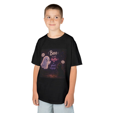 Kids Halloween Tee — "Boo: Hello Ghost Language" Cute Ghost Shirt