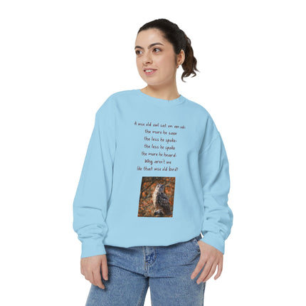 Poetic Owl Sweatshirt — Illustrated Owl Art with Poem Crewneck