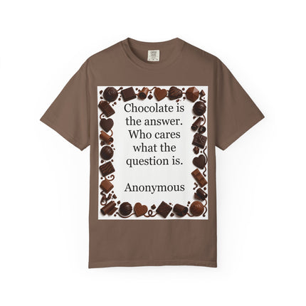 Unisex short‑sleeve T‑shirt featuring a square border of assorted chocolate illustrations surrounding the quote “Chocolate is the answer. Who cares what the question is.”