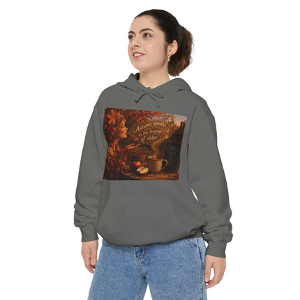 Autumn Leaves & Cider Hoodie — Cozy Fall Sweatshirt with 'Autumn Speaks' Still Life Design