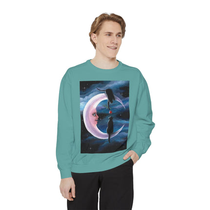 Moonlit Cats Sweatshirt —Whimsical Crescent Moon & Black Cat Graphic