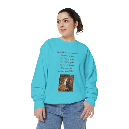 Poetic Owl Sweatshirt — Illustrated Owl Art with Poem Crewneck