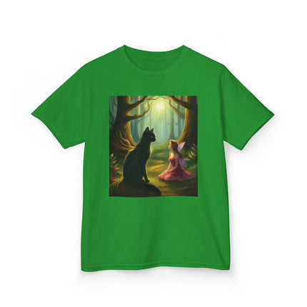 Enchanted Forest Kids Tee – Magical Fairy & Black Cat Design