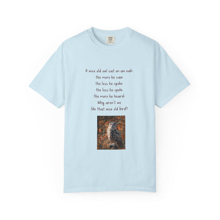 Poem & Owl Graphic T‑Shirt — 'A wise old owl...' Nature Poetry Tee