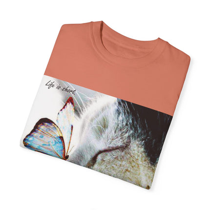 Inspirational Cat & Butterfly T-Shirt | Life is Short Quote