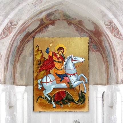 Saint George Wooden Gold Plated Religious Orthodox Sacred Icon - Inspirational Icon Decor - 85013-3