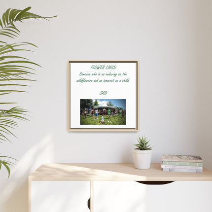 Flower Child Matte Canvas Print — "Flower Child" Quote with Festival Photo (Framed)