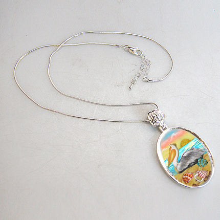 Pelicans Birds at Sea Silver Plated Mother of Pearl Jewelry Pendant Necklace Coastal - 44047-1