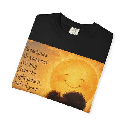 Hug Melt Away T-Shirt — Warm Sunset Illustration & Quote