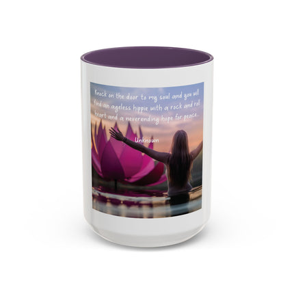Inspirational Lotus Sunrise Coffee Mug — "knock on the door to my soul"