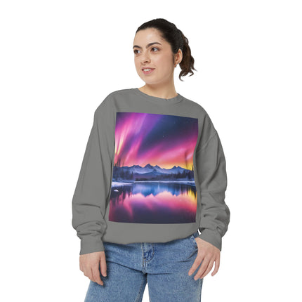 Aurora Lake Crewneck Sweatshirt — Colorful Northern Lights Landscape