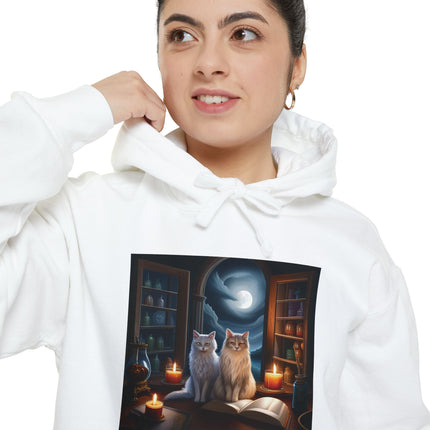 Mystic Cat Library Hoodie — Moonlit Cats, Candles & Spellbook Graphic Hoodie
