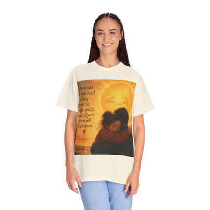 Hug Melt Away T-Shirt — Warm Sunset Illustration & Quote