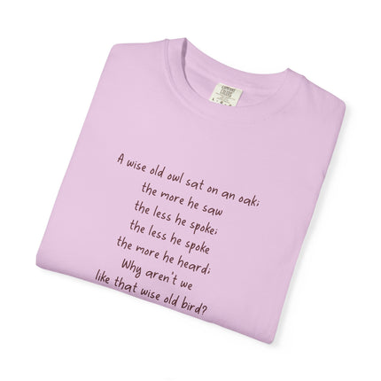 Poem & Owl Graphic T‑Shirt — 'A wise old owl...' Nature Poetry Tee