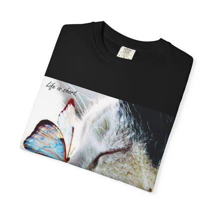 Inspirational Cat & Butterfly T-Shirt | Life is Short Quote