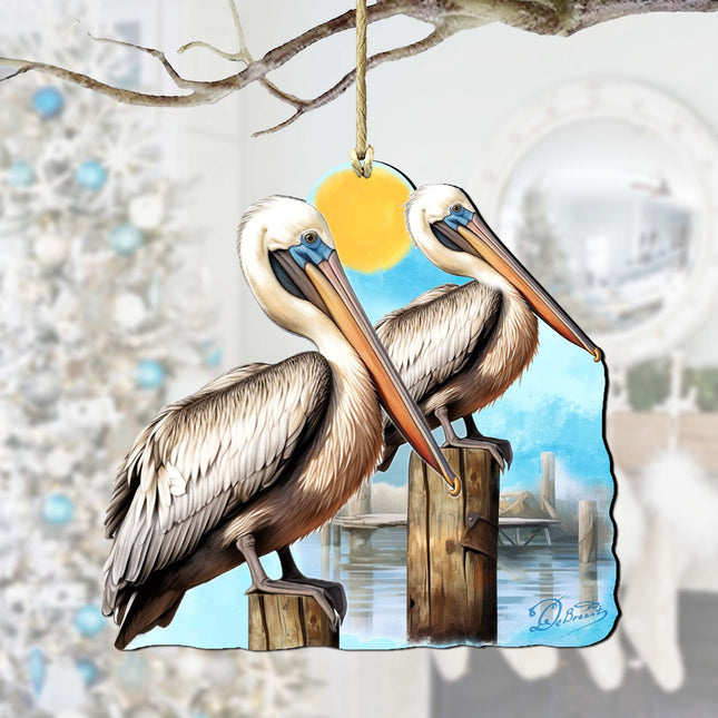Beach Themed Ornaments - Pelicans Wooden Ornaments by G.Debrekht Coastal Holiday Decor - 8688195-0