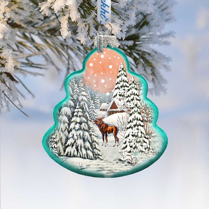 Winter Village with Moose Tree Glass Ornament by G. DeBrekht - Christmas Decor - 762-021-2