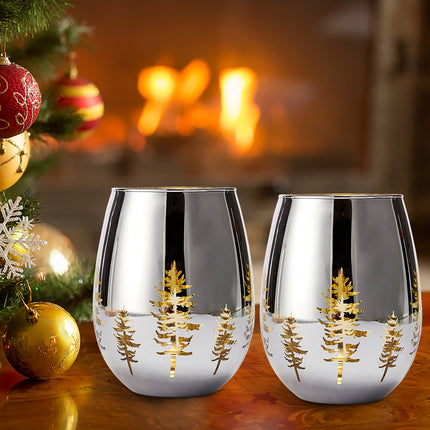 Crystal Christmas Tree Stemless Wine & Water Glasses - Set of 2 - Holiday Themed Vibrant Gold Etched Winter Snow Wonderland Frosted Glass, Perfect For Seasonal Parties, Gifts for Him & Her Trees Décor-2