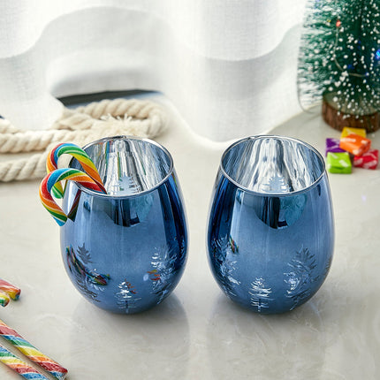 Crystal Christmas Tree Stemless Wine & Water Glasses - Set of 2 - Holiday Themed Vibrant Blue Etched Winter Snow Wonderland Frosted Glass, Perfect For Seasonal Parties, Gifts for Him & Her Trees Décor-1