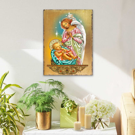 Blessing Angel with Child Wooden Gold Plated Religious Christian Sacred Icon - Inspirational Icon Decor - 85028-2