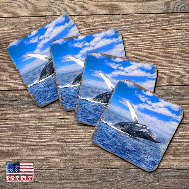 Whale Coastal Wooden Cork Coasters Gift Set of 4 by Nature Wonders - Coastal Sea-Life Decor - 95257C-S4-0