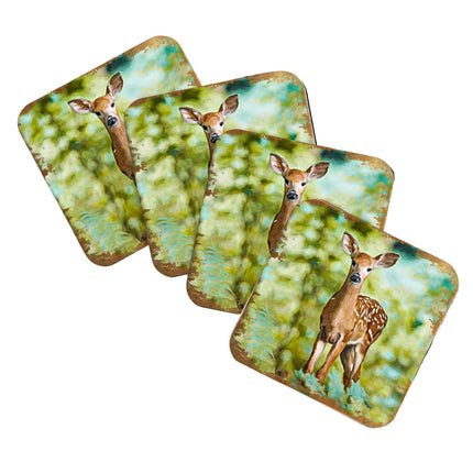 Forest Deer Wooden Cork Coasters Gift Set of 4 by Nature Wonders - Nature Wildlife Decor  - 95290C-S4-4