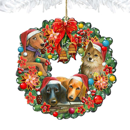Christmas Friends Puppy Wreath Wooden Ornaments by G. DeBrekht - Pets Dog and Cats Decor - 8185307-6-SL-4