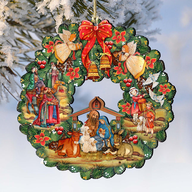 Nativity Wreath Wooden Ornaments by G. DeBrekht - Nativity Holiday Decor - 8185314-0