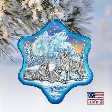 Winter Wolves Snowflake Glass Ornament by G. DeBrekht - Wildlife Holiday Decor - 754-012-2
