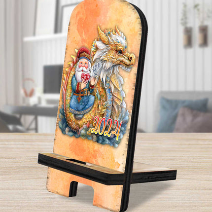 Santa with Dragon Cell Phone Stand Christmas Decor Wood Mobile Tablet Holder Charging Station Organizer - 8611088C-24-0