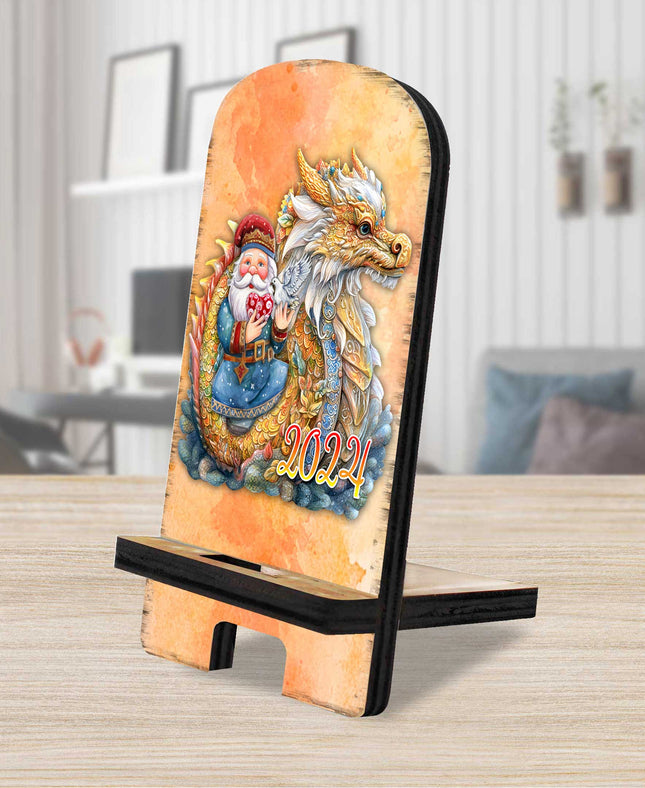 Santa with Dragon Cell Phone Stand Christmas Decor Wood Mobile Tablet Holder Charging Station Organizer - 8611088C-24-0