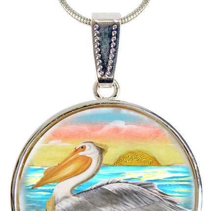 Pelicans Birds at Sea Silver Plated Mother of Pearl Jewelry Pendant Necklace Coastal - 44047-2