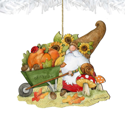 Autumn Decoration Grateful Harvest Gnome with Wheelbarrow and Cornucopia - Handmade Gift by Susan Winget - 8471207-SW-1