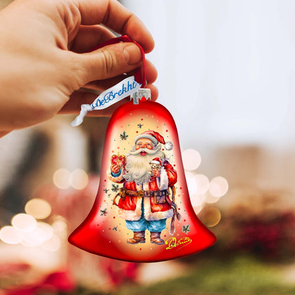 Santa Claus Spreading Christmas Happiness Bell Glass Ornament by G. Debrekht - Christmas Santa Snowman Decor - 752-042-2