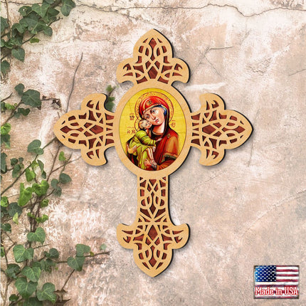 Vladimir Virgin Mary Pointy Wooden Cross by Museum Icons - Inspirational Icon Decor - 88311-2