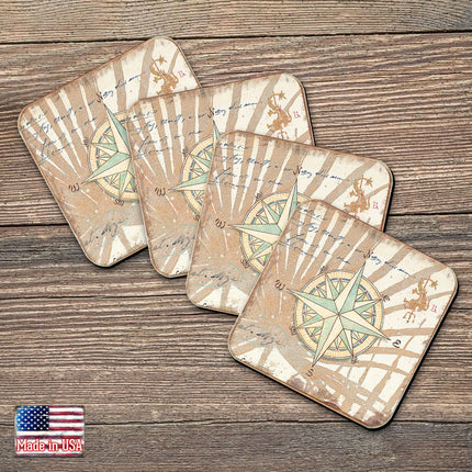 Compass Coastal Wooden Cork Coasters Gift Set of 4 by Nature Wonders - Coastal Sea-Life Decor - 8198620C-S4-2