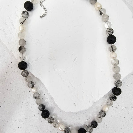 Black Rutilated Quartz With Lava Stone And Pearls Necklace MEN16-1