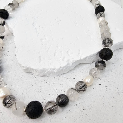 Black Rutilated Quartz With Lava Stone And Pearls Necklace MEN16-2