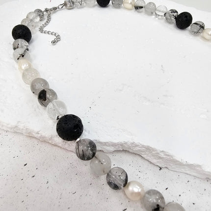 Black Rutilated Quartz With Lava Stone And Pearls Necklace MEN16-3