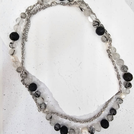 Black Rutilated Quartz With Lava Stone And Pearls Necklace MEN16-4