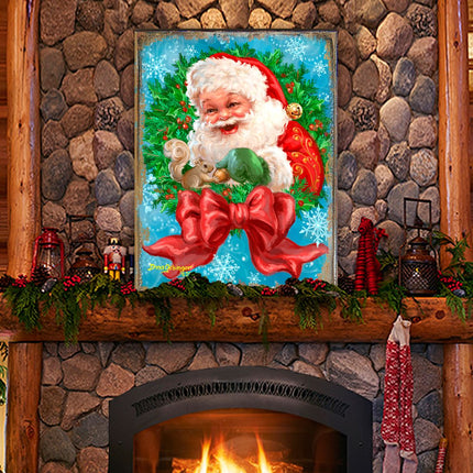 Santa Bow Wreath Art Wooden Wall Art by D. Gelsinger - Christmas Santa Snowman Decor - 95606B-1309-0
