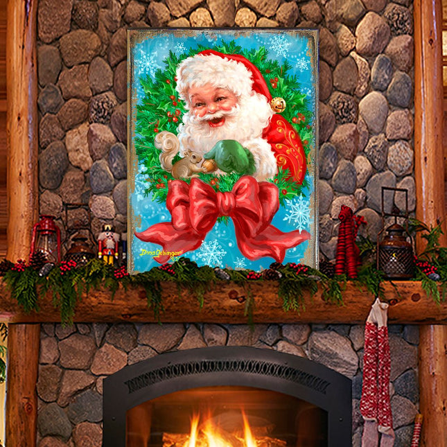 Santa Bow Wreath Art Wooden Wall Art by D. Gelsinger - Christmas Santa Snowman Decor - 95606B-1309-0