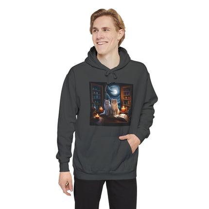 Mystic Cat Library Hoodie — Moonlit Cats, Candles & Spellbook Graphic Hoodie