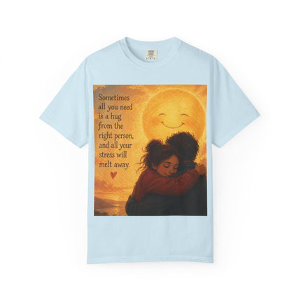 Hug Melt Away T-Shirt — Warm Sunset Illustration & Quote