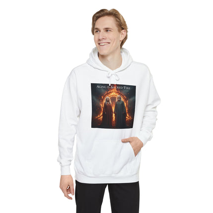 Hoodie - "Aging Is Sacred Fire" Fantasy Cloaked Figures Fire Portal Graphic Hoodie